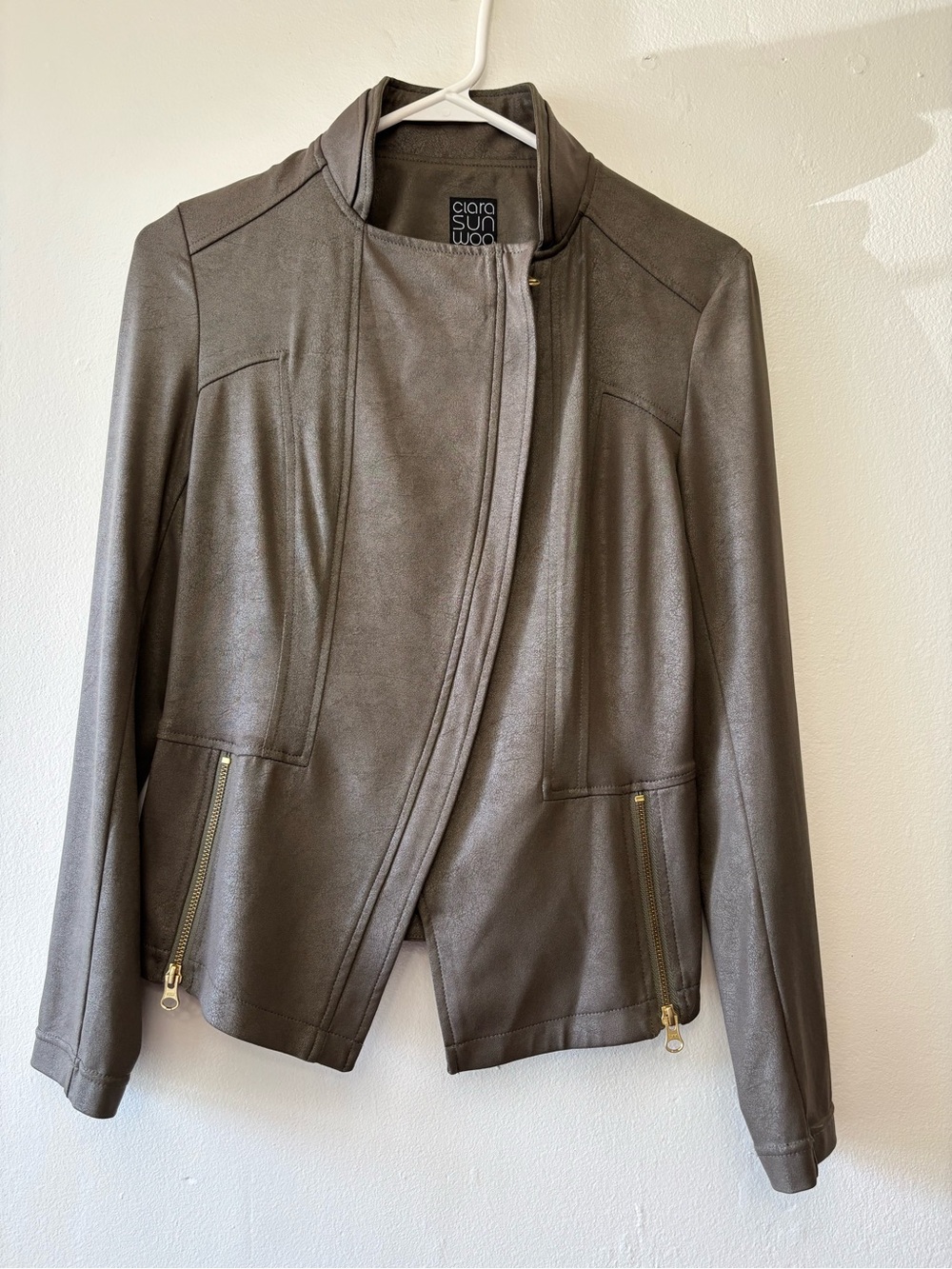 Clara Sunwoo XS Faux Leather Moto Jacket Taupe Asymmetrical Zip